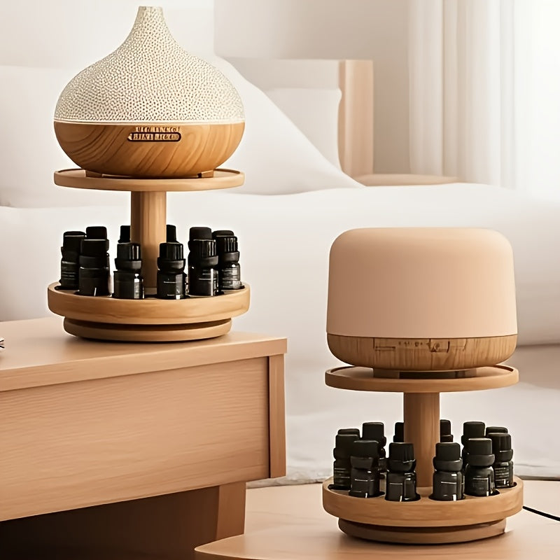 Présentoir à huiles essentielles en bois à deux niveaux.