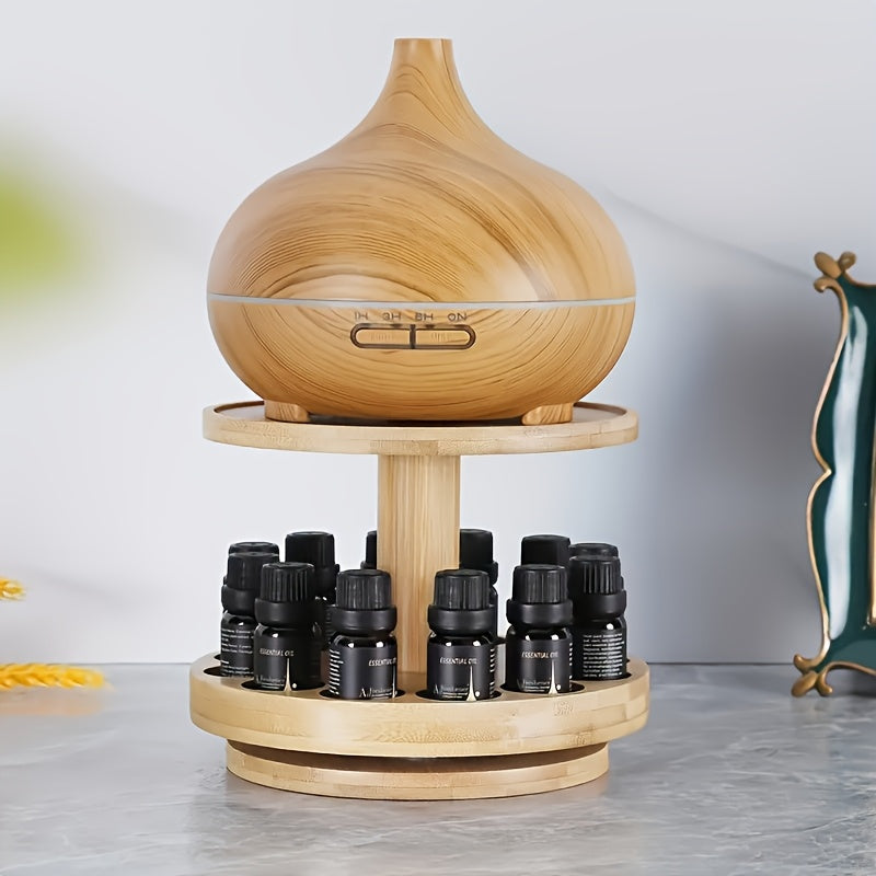 Présentoir à huiles essentielles en bois à deux niveaux.