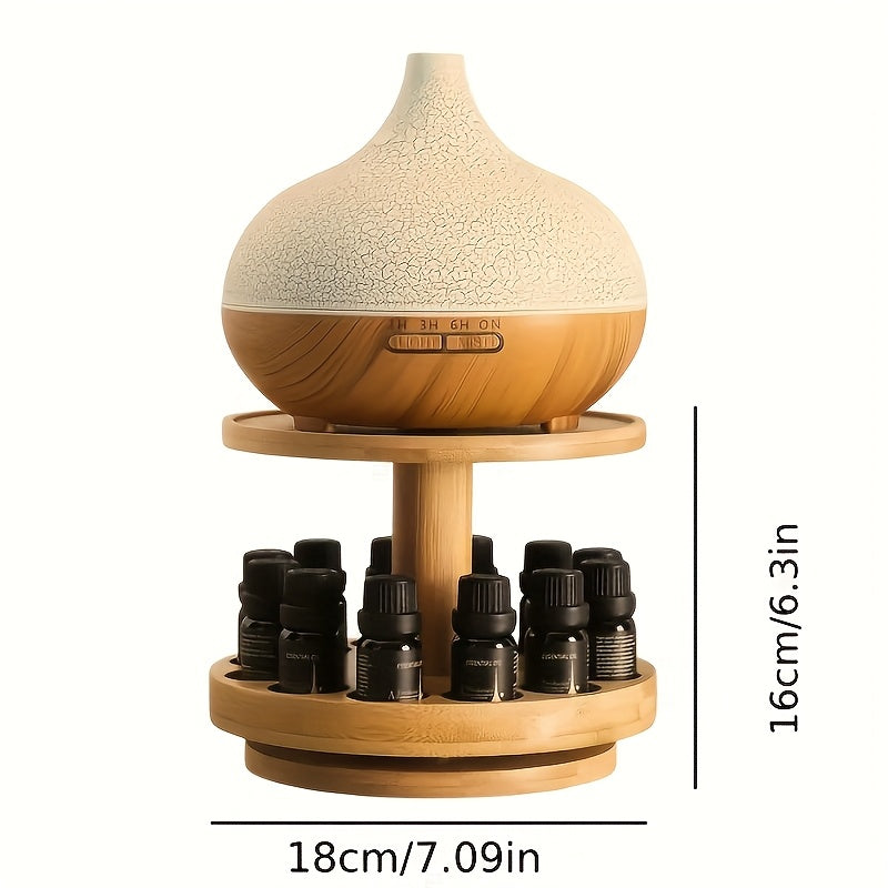 Présentoir à huiles essentielles en bois à deux niveaux.