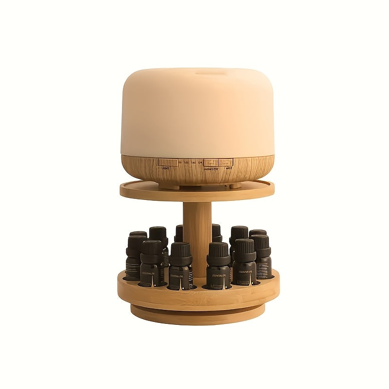 Présentoir à huiles essentielles en bois à deux niveaux.